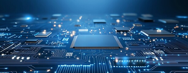 Aufkleber - This image depicts a close-up view of a modern microchip circuit board with intricate designs and glowing elements
