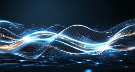 Poster - Vibrant and dynamic wave patterns in blue colors create a futuristic digital background for technology, innovation, and abstract design