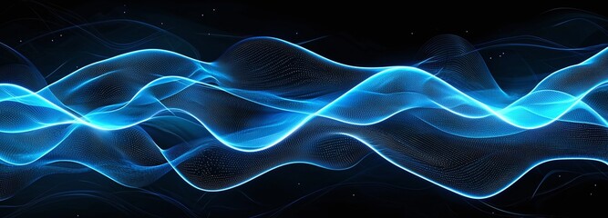 Poster - Vibrant blue waves of light create a captivating visual effect against a dark background, perfect for abstract designs, technology themes, or artistic presentations.