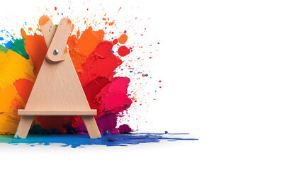 Aufkleber - Wooden easel with colorful paint splashes in the background