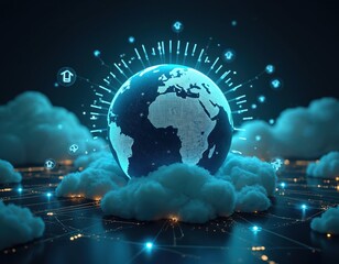 Poster - Glowing earth globe hovers over clouds with public IP icons, radiating global communication. Cyberspace, server, cloud infrastructure, digital connectivity, tech networking worldwide. Internet,