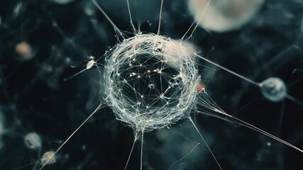 Poster - Exploring a network of interconnected spheres illustrating dynamic movements and relationships, network of connections with spheres moving