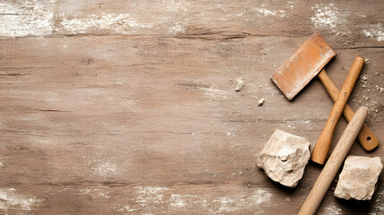 Poster - Wooden surface with tools and materials for construction or DIY projects