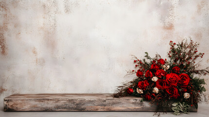 Poster - Bright red floral arrangement on a rustic log against a textured background