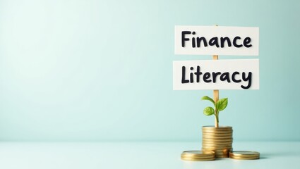 Poster - Finance Literacy. Sign is placed on stack of coins with plant growing out of it