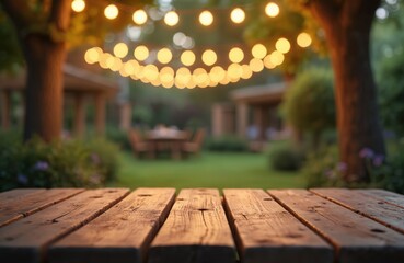 Aufkleber - Rustic wood table top with blurred decorative string lights in garden at night. Empty wooden countertop background. Party lights illuminate backyard patio space. Summer outdoor leisure with soft