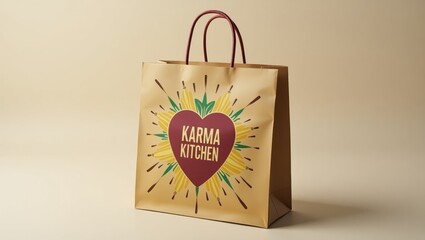 Poster - Karma Kitchen. Bag is brown with red handle and heart on it