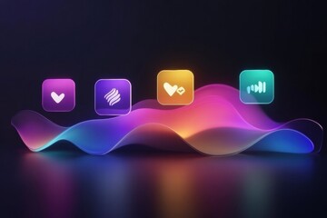 Leinwandbilder - Colorful wave design with icons representing audio, love, and creativity in a modern digital setting. Generative AI