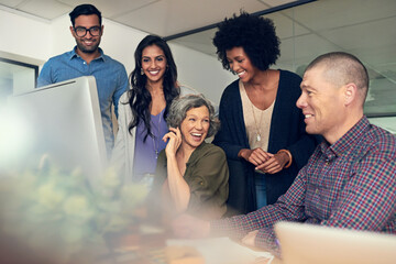 Aufkleber - Teamwork, computer and laughing with business people in office for training, planning and media agency. Collaboration, creative advice and production editor with employees for discussion and intern