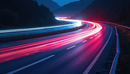 Poster - Night long exposure shot of highway with colorful light streaks. Cars speed along winding road, motion blur, technology future concept. Dark mountain landscape. Scenic road, highway traffic at