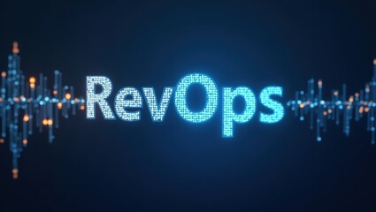 Poster - Revops. Word revops is displayed in futuristic city at night