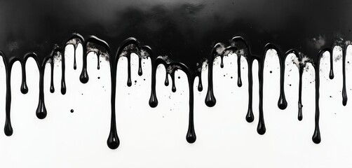 Poster - Artistic photo of dripping oil stain with liquid ink black silhouettes against white background. Grunge messy spill generates artistic dark vibrant monochrome contrast creative concept texture.