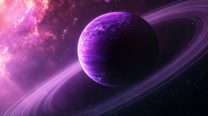 violet planet in space with rings of saturn background concept