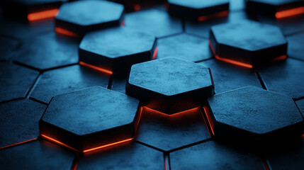 Wall Mural - Close-up 3D rendering of interconnected hexagonal structures symbolizing modern digital networks, technology, and connectivity