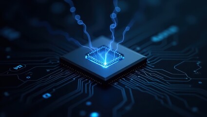Poster - Verilator. Electronic circuit board with blue light coming out of it