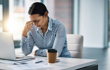 Aufkleber - Burnout, headache or stress and business woman at desk in office with laptop for deadline or report. Anxiety, fail or mistake and employee with eye strain in workplace for bankruptcy, debt or tax