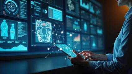 Poster - Age Tech. Woman is using her phone to display medical images