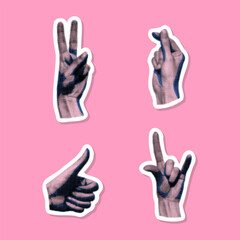 Poster - realistic halftone dotted human hands different gestures stickers set victory, love and thumb up col