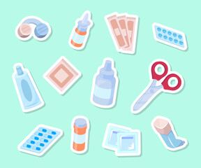 Poster - cartoon color first aid box elements stickers set concept flat design style. vector illustration of 