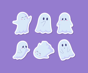 Canvas Print - Cartoon Color Kawaii and Sad Characters Ghosts Flying Phantoms Stickers Set Halloween Autumn Holiday Concept Flat Design Style. Vector illustration