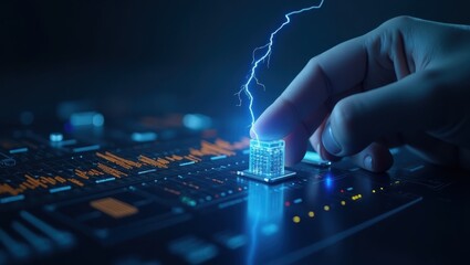 Poster - Data Observability. Hand is touching small electronic device with lightning bolt
