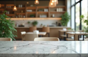 Poster - Bokeh effect in bright office interior with white marble stone tabletop for product display. Blurred background, modern decoration, wooden furniture. Workspace with empty table, chairs, natural light.