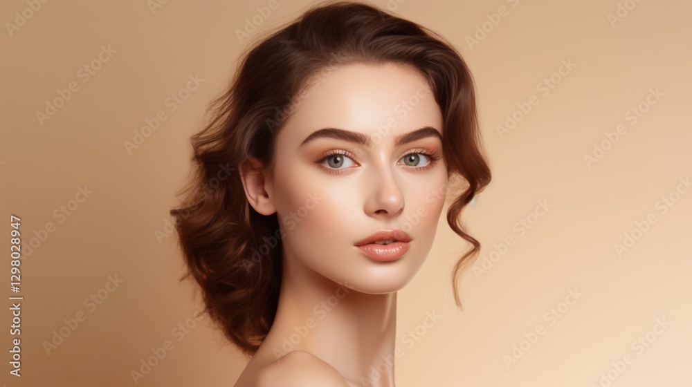 Close-up portrait of a young woman with flawless skin, striking blue eyes, and softly curled brown hair. Her poised expression enhances her natural beauty against a warm background
