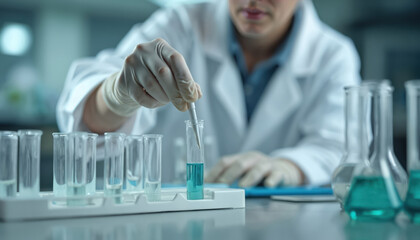 Poster - Close up of scientist mixing liquid in test tube in lab. White lab coat and gloves on. Row of empty clear glass tubes on table. Scientific research experiment, analysis. Chemistry, science concept.