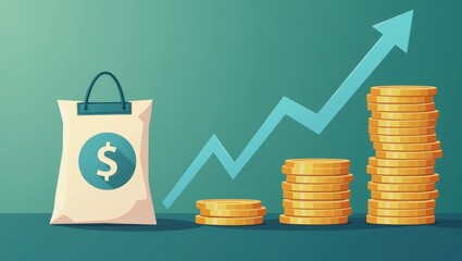 Poster - Dollar Cost Averaging. Bag is next to stacks of coins and graph