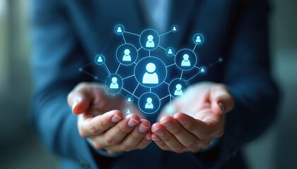 Poster - Image shows HR management concept. Hands hold network of people icons. Collaboration, teamwork, human resources, leadership. Managing recruitment, employee engagement, creating vibrant supportive
