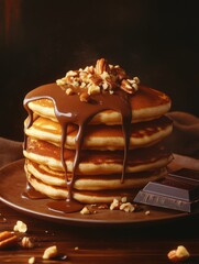 Poster - Delicious stack of pancakes topped with melted chocolate and chopped nuts on a wooden table. Generative AI