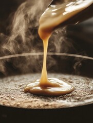 Poster - Delicious batter pours onto a hot pan amidst steam in a cozy kitchen for breakfast preparation. Generative AI