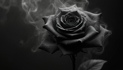 Aufkleber - Monochrome shot of dark rose surrounded by black smoke swirls. Flower in bloom on black backdrop. Elegant floral arrangement with light, shadow gradients. Dramatic artistic concept for posters