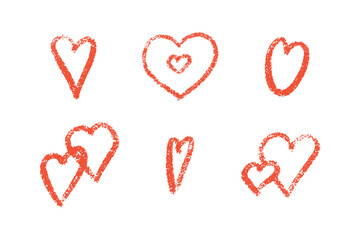 Poster - Red crayon heart set with grunge texture - outlined, nested, overlapping romantic symbols. Vector designs with chalk like effect. Love doodles for Valentine day decorations.