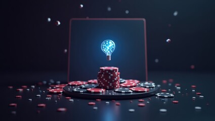 Poster - Online Gambling. Laptop is open with glowing light on top of it