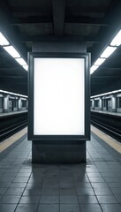 Aufkleber - Blank advertisement billboard on empty subway platform, illuminated by fluorescent lights. Tiled floor, exposed ceiling create urban ambiance. Modern underground public transit rail, train station.