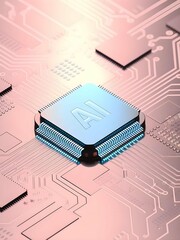 Poster - A close-up of an AI chip on a circuit board, showcasing artificial intelligence technology with a futuristic, detailed design