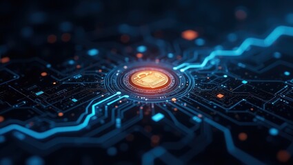 Fototapete - Quant. Circuit board is illuminated with bitcoin symbol