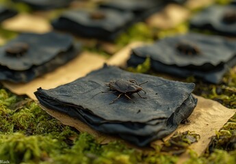 Poster - Detailed close-up of a bug resting on dark leaf material in a natural setting surrounded by moss, showcasing unique textures and nature's intricate design.