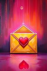 Aufkleber - online love, A digital love letter illustration with a heart on a golden envelope, set against a vibrant, binary code-infused backdrop