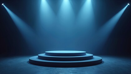 Aufkleber - Three-tiered stage illuminated by spotlights in blue ambiance. Round podium with glowing light, perfect for presentations, product displays, performances. Round dais emphasizes achievement, victory,