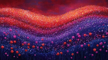 Wall Mural - Vibrant sunset over a field of colorful flowers.