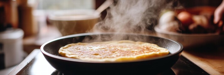 Poster - Cooking a delicious omelette in a cozy kitchen while steam rises from the skillet during a sunny morning. Generative AI