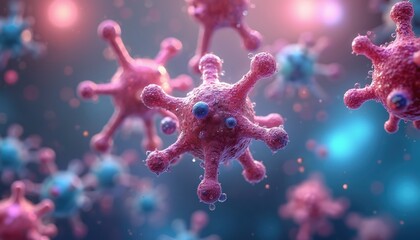 Poster - Close-up of virus pathogens, infectious agents. Microscopic view of viral cells with surface proteins. Pink, blue colors. Perfect for medical, science, healthcare content. Cellular biology, virology.