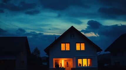 Aufkleber - Warm glow of home illuminated against twilight skies near rural neighborhood during evening hours. Generative AI