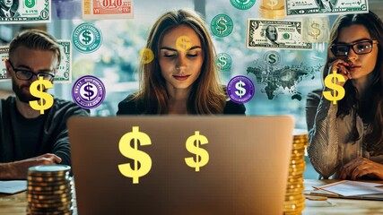 Poster - colleagues analyzing financial data with currency icons while working on a laptop in a modern office
