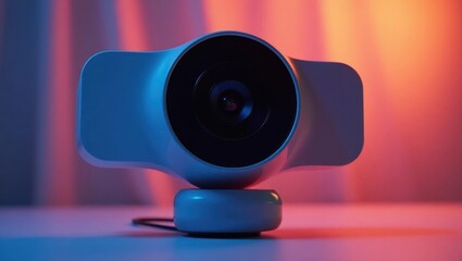 Poster - Ai Webcam. Camera is sitting on stand with red light behind it