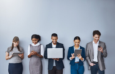 Aufkleber - Technology, waiting or business people in queue for job interview, recruitment and hiring. Sign up, phone or candidates on laptop in studio for employment opportunity registration on gray background