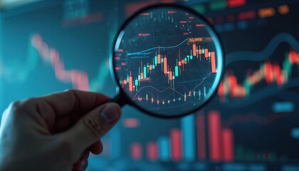 Leinwandbilder - Hand holds magnifying glass over digital data, charts. Zooming financial stock market analytics, investment research, economic trends, future progress. Visualisation of data, overview perspective,