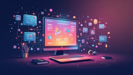 Poster - Dynamic Creative. Computer is sitting on desk with many different types of devices